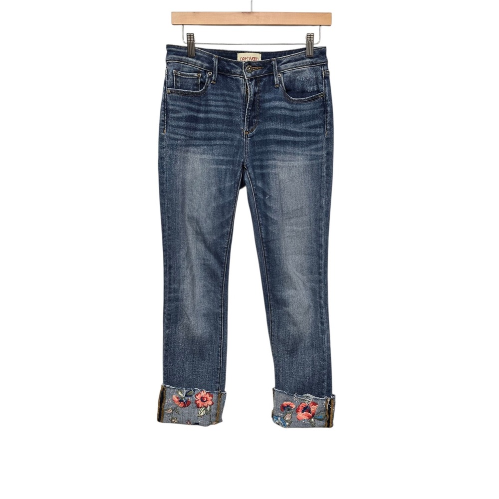 Driftwood Colette Floral Embroidered Cuff Cropped Jeans Blue Medium Wash 27 x 26